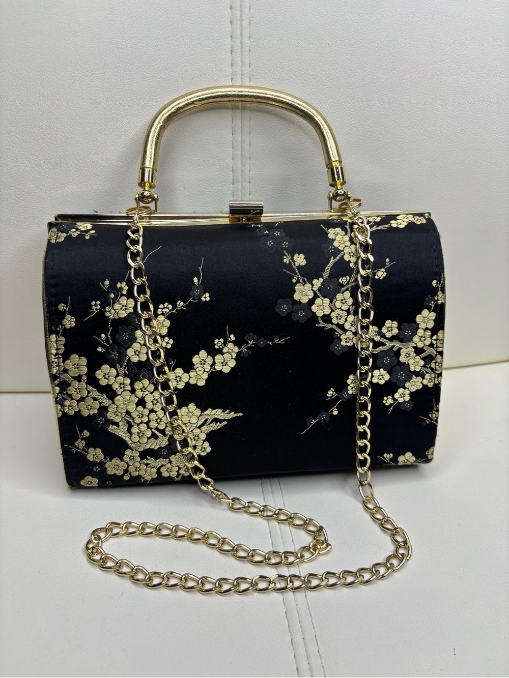 Asia-inspired Elegant Black and Gold Floral Evening Handbag